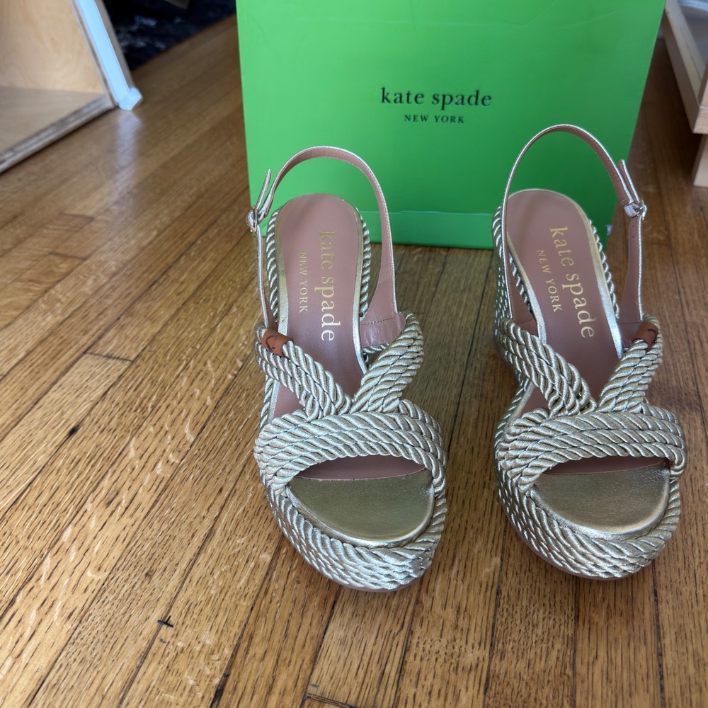 Kate Spade New York Metallic Gold Rope Platform Wedge Slingback Sandals 9.5